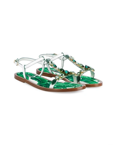 Shop Dolce & Gabbana Crystal Embellished Flat Leather Sandals