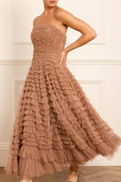 Needle & Thread Hattie Ruffle Strapless Ankle Gown In Brown