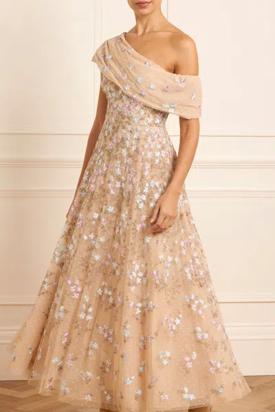 Needle & Thread Everett Bloom One-shoulder Embroidered Gown In Gold