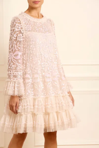 Needle & Thread Celia Long Sleeve Mini Dress In Champagne