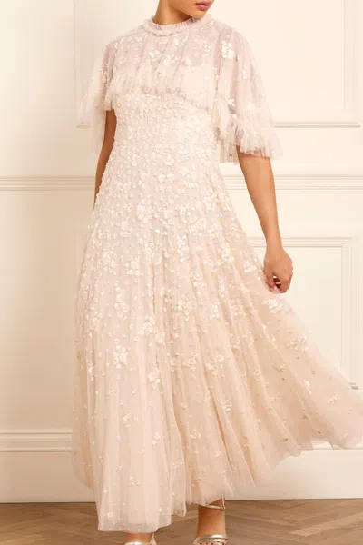 Needle & Thread Dahlia Ditsy Short Cape Ankle Gown In Champagne