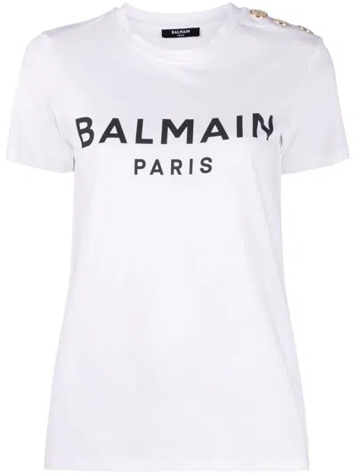 Balmain White Crewneck T-shirt With Logo Print And Golden Buttons In Jersey Woman In White