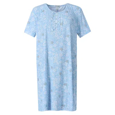 Miss Lillian Women's Plus Size Flower Henley Short Sleeve Sleep Gown In Blue