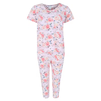 Elegant Emily Women's Plus Size Floral Short Sleeve Capri Set In Pink