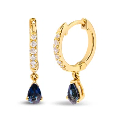 Haus Of Brilliance 10k Yellow Gold Pear Blue Sapphire And 1/10 Cttw Diamond Drop And Dangle Huggy Hoop Earrings In Yellow