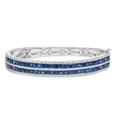 Haus Of Brilliance 18k White Gold Alternating Diamond And 8.00 Cttw Princess Cut Blue Sapphire Multi Row Bangle Bracele In White