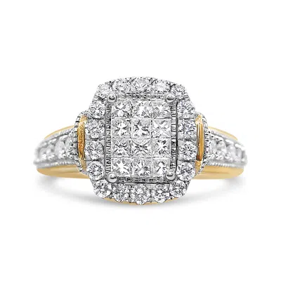Haus Of Brilliance 14k Yellow And White Gold 1.00 Cttw Princess And Round Cut Emerald Shaped Halo Diamond Cluster Ring  In Multi