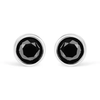 Haus Of Brilliance .925 Sterling Silver Round Brilliant-cut Black Diamond Bezel-set Stud Earrings With Screw Backs In White