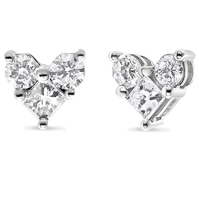 Haus Of Brilliance 10k White Gold Diamond 3 Stone Trio Heart Stud Earring In White