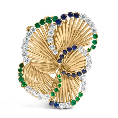 Haus Of Brilliance 18k Yellow Gold 2 1/3 Cttw Diamond, Sapphire, And Emerald Sculpted Petal Brooch Pin In Yellow