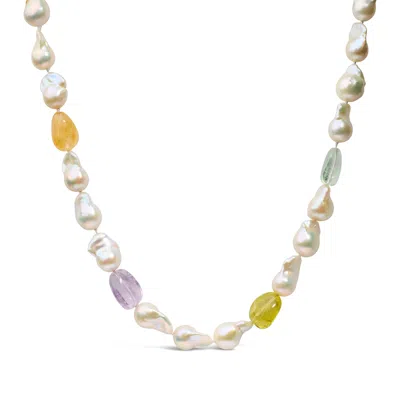 Haus Of Brilliance 14k Yellow Citrine, Amethyst, And Baroque Pearl Strand Necklace In Yellow