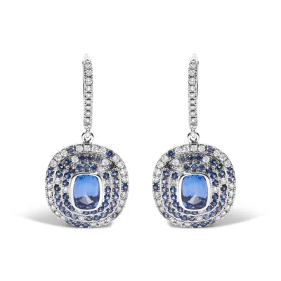 Haus Of Brilliance 18k White Gold Natural Blue Sapphire And Diamond Scattered Halo Drop And Dangle Leverback Earrings In White
