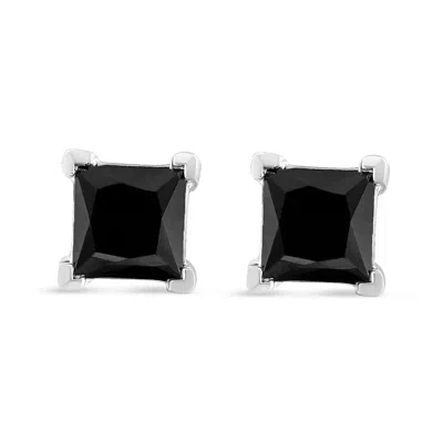 Haus Of Brilliance .925 Sterling Silver Princess-cut Square Black Diamond Classic 4-prong Stud Earrings With Screw Back In White