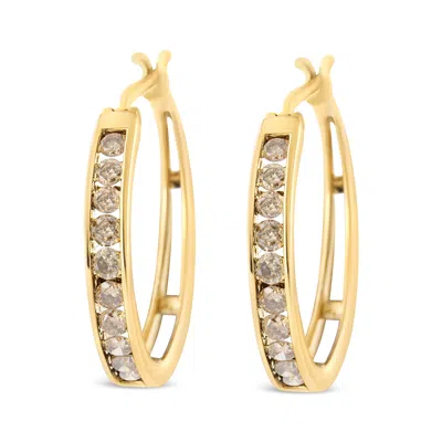 Haus Of Brilliance 14k Yellow Gold Plated .925 Sterling Silver 1.0 Cttw Channel Set Champagne Diamond Hoop Earrings Wit In Yellow