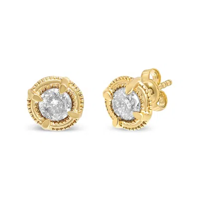 Haus Of Brilliance .925 Sterling Silver Round Brilliant Cut Diamond Solitaire Milgrain Stud Earrings In Yellow