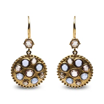 Haus Of Brilliance 18k Yellow Gold 1 2/3 Cttw Diamond And Blue Sapphire Bezel Set Gemstone Cluster Medallion Dangle Ear In Yellow