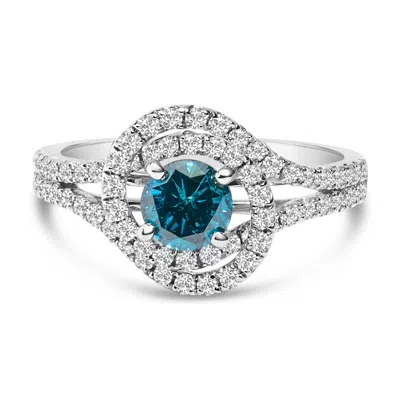 Haus Of Brilliance 14k White Gold 1-1/3 Cttw White & Blue Diamond Interweaving Double Halo Cocktail Statement Ring In White