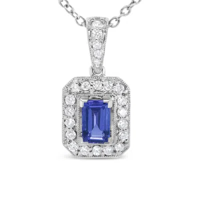 HAUS OF BRILLIANCE 18K WHITE GOLD 1/4 CTTW ROUND DIAMOND AND 6X4MM PURPLE TANZANITE HALO 18" PENDANT NECKLACE 