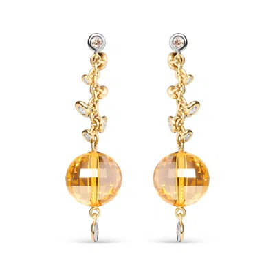 Haus Of Brilliance 18k Yellow Gold 2/3 Cttw Round Bezel Diamond And 25mm Ball Shaped Yellow Citrine Gemstone Dangle Stu