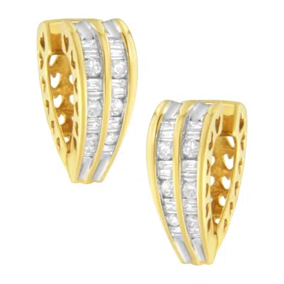 Haus Of Brilliance 14k Yellow And White Gold 1.0 Cttw Channel Set Round And Baguette Diamond Multi Row Huggy Hoop Earri In Yellow