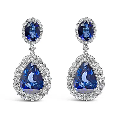 Haus Of Brilliance 18k White Gold Blue Sapphire 2 3/4 Cttw Diamond Halo Drop Dangle Earring (g-h Col In White
