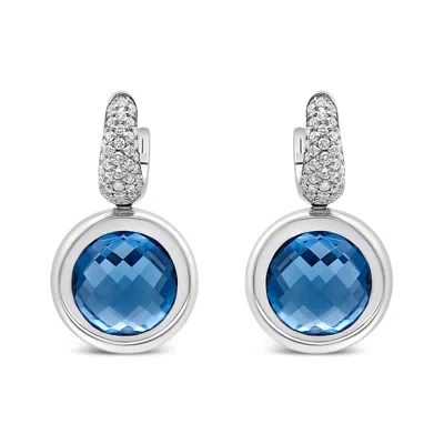 Haus Of Brilliance 18k White Gold Bezel Set 11mm Blue Topaz And 1/2 Cttw Invisible Set Diamond Bale Dangle Earrings In White