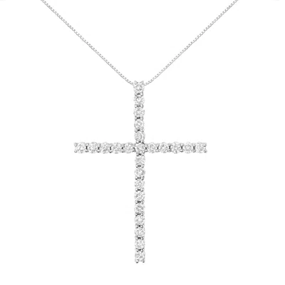Haus Of Brilliance .925 Sterling Silver 3.0 Cttw Round Shape Diamond 1-1/2" Cross Pendant With Box Chain Necklace In White