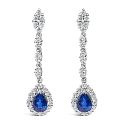 Haus Of Brilliance 18k White Gold 1 3/5 Cttw Diamond And 7x5 Mm Pear Shaped Blue Sapphire 1 1/3 Inch Drop And Dangle Ha In White