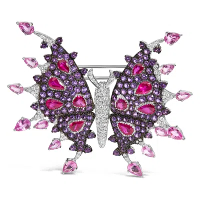 Haus Of Brilliance 18k White Gold 1.00 Cttw Diamond, Ruby Sapphire, And Amethyst Mixed Gemstone Butterfly Brooch Pin In White