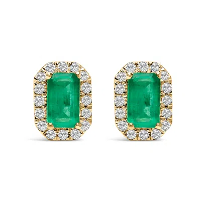 Haus Of Brilliance 10k Yellow Gold 5x3mm Emerald-cut Green Emerald And 1/7 Cttw Diamond Halo Octagonal Stud Earrings In Yellow