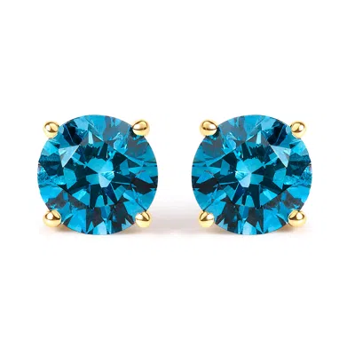 Haus Of Brilliance 14k Gold Round Brilliant Cut Lab Grown Blue Diamond 4-prong Classic Solitaire Stud Earrings With Pus In Yellow