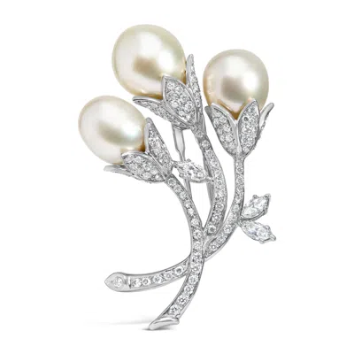 Haus Of Brilliance 18k White Gold 2 1/5 Cttw Diamond And South Sea Pearl Floral Brooch Pin In White