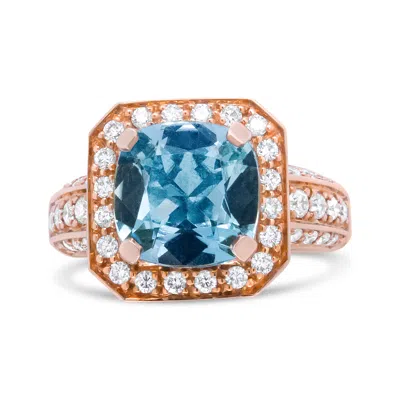Haus Of Brilliance 18k Rose Gold 10x10mm Cushion Shaped Aquamarine And 1 1/8 Cttw Round Diamond Halo Ring In Yellow
