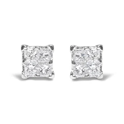 Haus Of Brilliance .925 Sterling Silver 1/4 Cttw Invisible Set Princess Diamond Composite Quad Stud Earrings In White