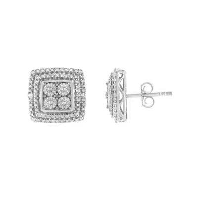 Haus Of Brilliance .925 Sterling Silver Diamond Accented Square Shaped Milgrain Stud Earrings In White