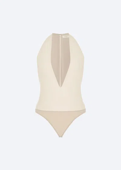 Lapointe Stretch Faux Leather Plunge Neck Bodysuit In Sand