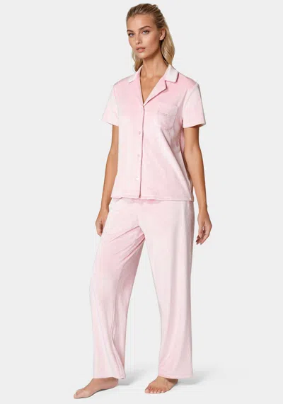 Bebe Short Sleeve Notch Collar Pant Set In Rose Shadow