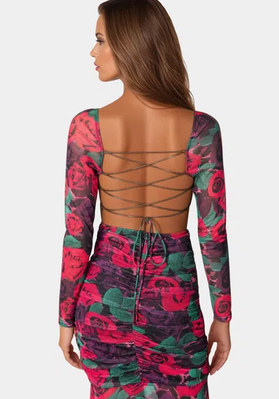 Bebe Mesh Open Back Midi In Holiday Rose