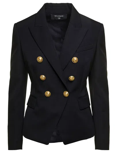 Balmain Black Double-breasted Jacket With Branded Buttons And Asymmetric Cut In Wool Woman In Black