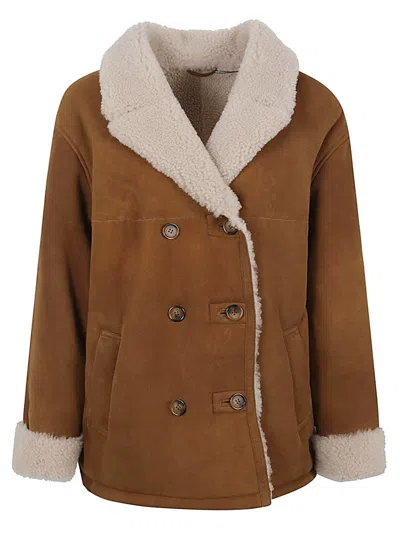 Enes Stylish Leather Jacket With Contrast Fur Lapels In Brown