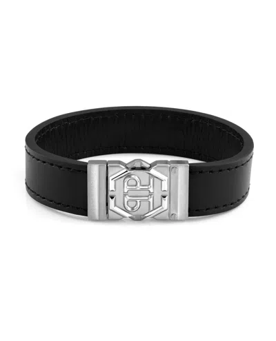 Philipp Plein Hexagon Tactical Buckle Leather Bracelet Man Bracelet Silver Size S Calfskin In Silver