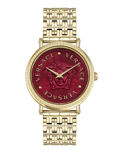 Versace V-dollar Bracelet Watch With Red Guilloche Dial In Gold