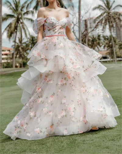 Watters Rosabel Layered Skirt Floral Print Wedding Gown In Blush In Gold