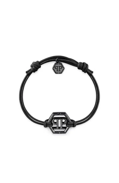 Philipp Plein Linked Cotton Cord Bracelet Man Bracelet Black Size Onesize Cotton In Black