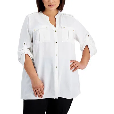 CALVIN KLEIN PLUS WOMENS FRONT POCKETS ROLLED SLEEVE BUTTON-DOWN TOP 
