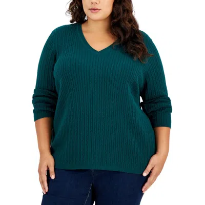Tommy Hilfiger Plus Size Cable-knit V-neck Ivy Sweater In Green