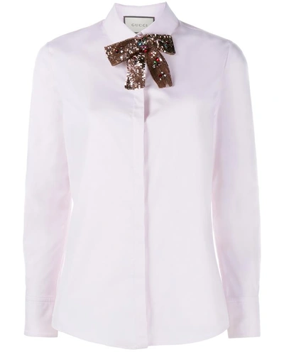 Gucci Shirt With Sequin Embellished Tie In Pink & Purple