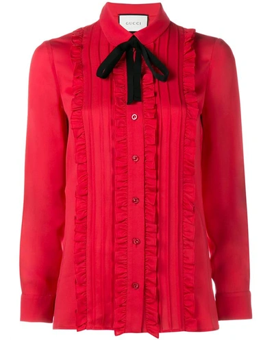 Gucci Ruffle Silk Crepe De Chine Shirt In Red