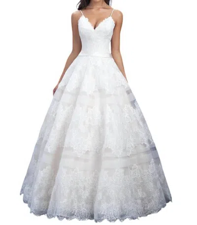 Allure Bridals Lace Ballgown With Sheer Chiffon Stripes In Champagne/ivory In Multi
