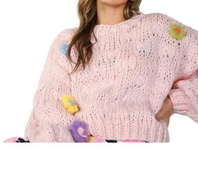 Beulahstyle Cropped Crochet Sweater With 3d Flowers In Pink In Pink
